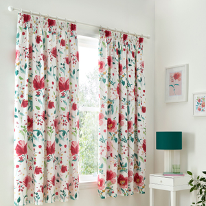 Dreams & Drapes Abstract Poppy Ready Made Pencil Pleat Curtains 66 x 72 Red