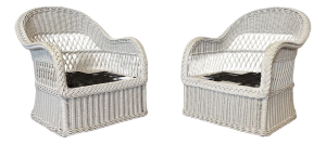 Vintage Coastal Henry Link Braided Rattan Wicker Lounge Chairs- A Pair