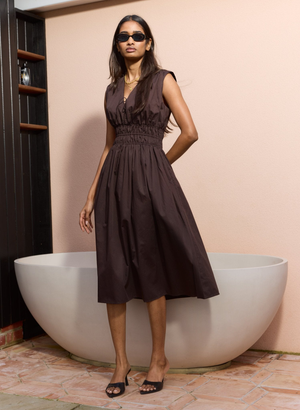 Kyrah Cotton Waisted Midi Dress - UK 12 | EU 38 | US 08 / Dark Chocolate