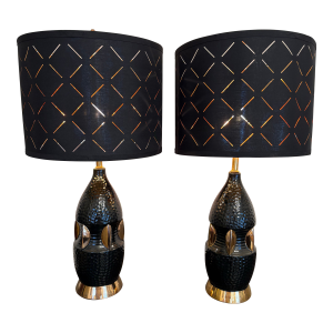 1950's Atomic Black and Gold Ceramic Lamps - A Pair