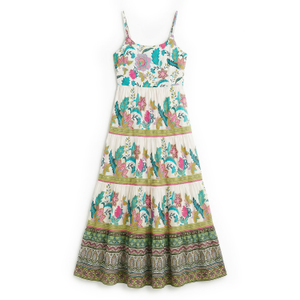 Yumi White Floral Block Print Tiered Maxi Sun Dress (XL)