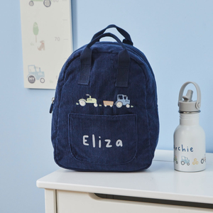 Personalised Navy Cord Tractor Mini Backpack