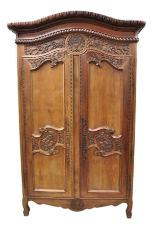 Mid 20th Century French Country Normandy France Carved Walnut Large Wardrobe Armoire Cabinet