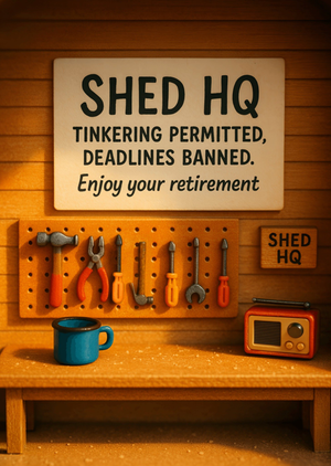 Shed HQ Workshop Tools Diorama Retirement Card