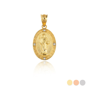 Gold Engravable Patron Saint Dominic de Guzman Diamond Oval Medallion Pendant Necklace (Available in Yellow/Rose/White Gold)
