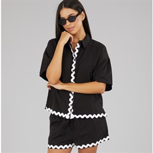 Wednesday's Girl Womens Short Sleeve Shirt And Shorts Linen Mix Set Black