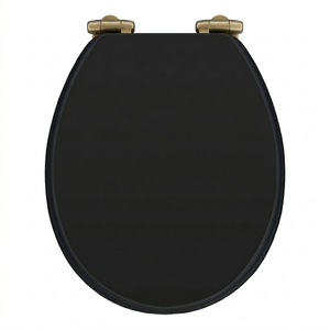 Toreno Satin Black MDF Bottom Fixing Toilet Seat with Brushed Brass Hinges