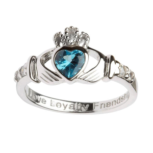 Irish Claddagh Ring - Sterling Silver with December Birthstone
