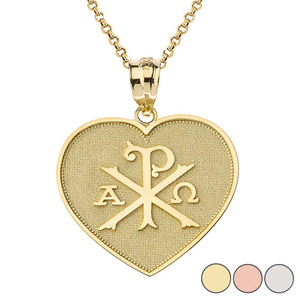 Christian Symbol Chi Rho Heart Pendant Necklace in Gold (Yellow/Rose/White)