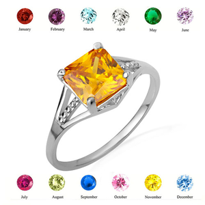 .925 Sterling Silver Square Cut Cubic Zirconia Birthstone Beaded Ring