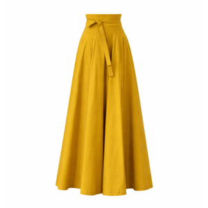 Maxi Flared Cotton Skirt With Tie Belt In Yellow Color (L)