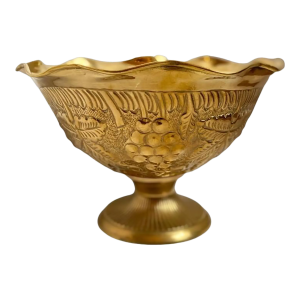 Vintage Repoussé Brass Footed Bowl With Embossed Grapes and Leaves