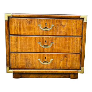 Mid Century Drexel Accolade Walnut and Brass Campaign Style Nightstand or Side Table