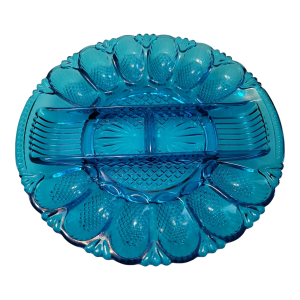 Vintage l.e. Smith Cerulean Blue Egg / Relish Plate