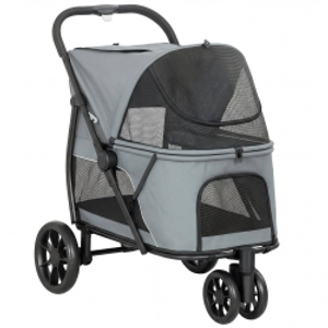 PawHut Carrito para Perros Plegable con 3 Ruedas Ventanas de Malla Cojín Lavable Todo Terreno Carga 20 kg 92x63x95 cm Gris