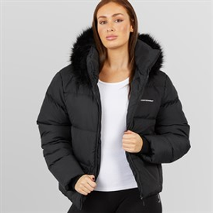 Closure London Dames Puffer met Verstelbare Taille en Nepbont Capuchon Zwart