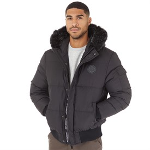 Closure London Heren Pelz Kapuze Puffer Jacke Schwarz