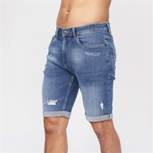 Crosshatch Heren Riptrey Denim Shorts met Krasdetail Mid Wash