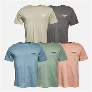 JACK & JONES T-Shirts Herren Jeff Orion Fünfer Pack Mondlicht/Burgfels/Bergquelle/Korallen Mandel/Eisberg Grün