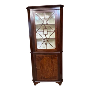 Antique Georgian Style Inlaid Mahogany Corner Cabinet With Astragal Door