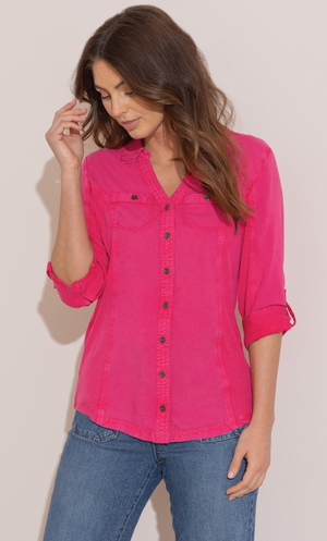 Turn Back Cuff Shirt - Hot Pink