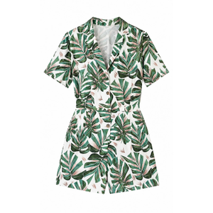 Yumi Green Viscose Leaf Print Retro Playsuit (XL)