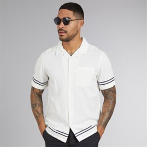French Connection Mens Short Sleeve Linen Stripe Trim Shirt Ecru
