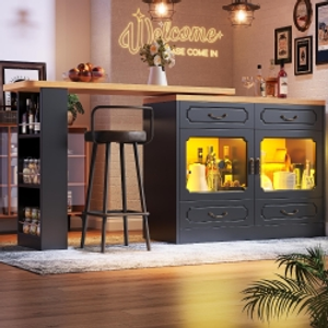 360° Rotating Bar Table with Rotatable Side and Spice Rack, Extendable Kitchen Island with 4 Drawers, 135-203L x 39W x 93H cm, Black