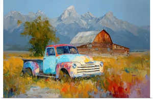 Vintage Pickup Truck In Rustic Mountain Landscape With Barn In Wyoming