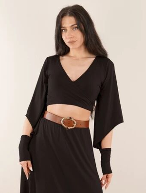 'Crop top cache-coeur à manches 3/4  "Ambre", Noir'