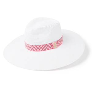The Pebmarsh Fedora in White (Pink Aztec Ribbon)