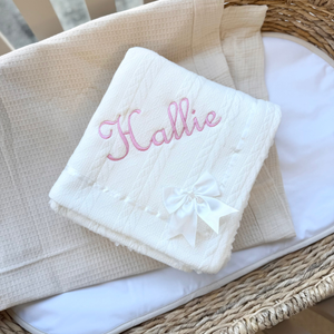 Chevron Knit Wrap Blanket with Satin Bow - White
