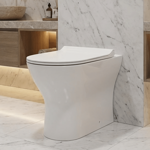 Rimless Back to Wall Toilet Pan with Soft Close Sandwich Seat, Modern Compact Ceramic WC Design - White by Balterley