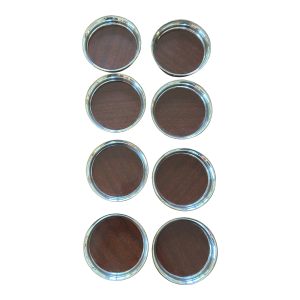 Mid-Century Modern Drink Coasters Round Formica Wood Laminate Silver Patina Trim- Set of 8