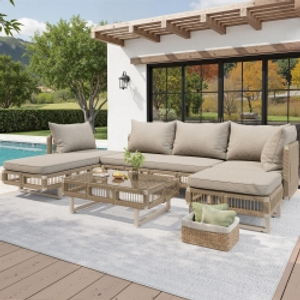 Rope-Woven Garden Sofa Set with 10 cm Thick Cushions, Versatile Garden Lounge Set with Splash-Proof Fabric, 225L × 167W × 62H cm, Beige