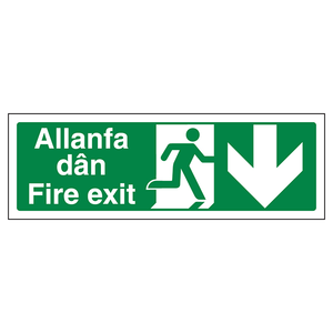 Welsh/English - Fire Exit Arrow Down 600 x 200 mm - 3mm Aluminium Composite (