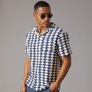 Another Influence Mens Revere Collar Crochet Shirt Navy/Cream
