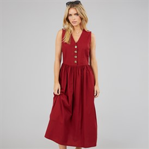Brave Soul Womens Benit Button Down Midi Dress Red