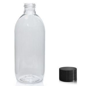 500ml Clear PET Olive Bottle With 28mm Screw Cap & One Hole Plug - Black