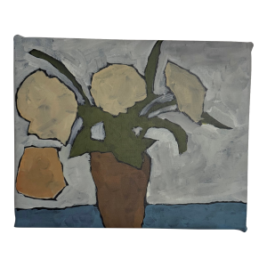Abstract Still Life Painting With Plant in Pot, Minimalist Neutral Wall Art, Modern Botanical Artwork, Original Acrylic Painting