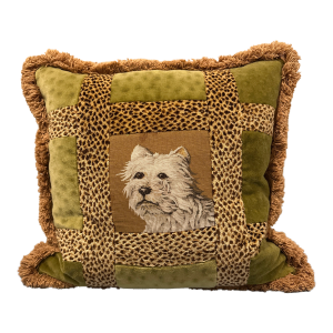 Late 20th Century Green and Cheetah Print Pillow With Terrier Dog Portrait