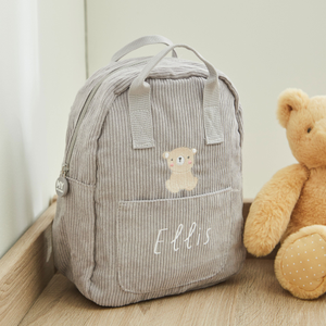 Personalised Biscuit Bear Grey Cord Mini Backpack