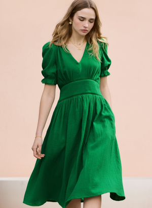 Bella Organic Cheesecloth Midi Dress - UK 12 | EU 38 | US 08 / Bright Emerald