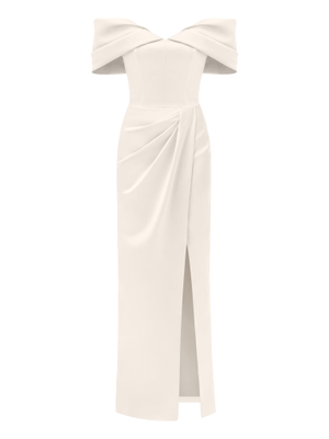 Heavenly Kissed Draped Satin Maxi Dress, Pearl White (M)