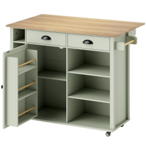 HOMCOM Isla de Cocina con Ruedas Tapa Abatible Especiero Estantes en la Puerta Armario 2 Cajones 117,5x70x91 cm Verde Claro