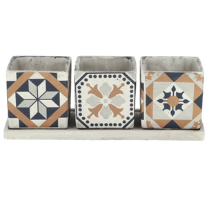 Portuguese Pattern Concrete Flower Pots with Tray 