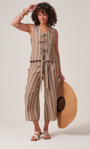 Striped Tie Front Sleeveless Top - Brown