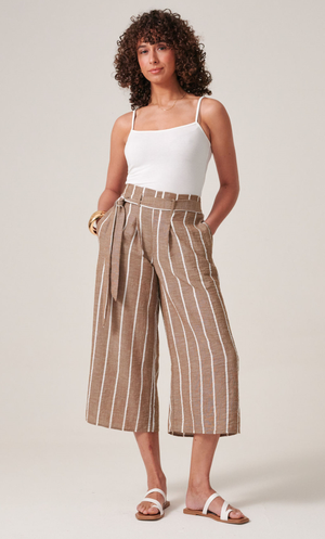 Striped Wide Leg Cropped Trousers - Brown