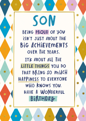 Pigement Son Proud Of You Diamond Border Typography Birthday Card