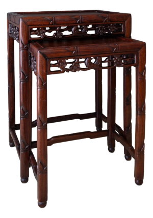 Asian Rosewood Nesting Tables With Carved Bamboo Bird and Flower Fretwork